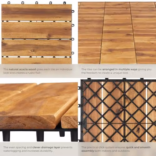 tectake 40-Piece Brown Wooden Decking Tile Set with Click System, 31 x 31 cm per Tile – 4
