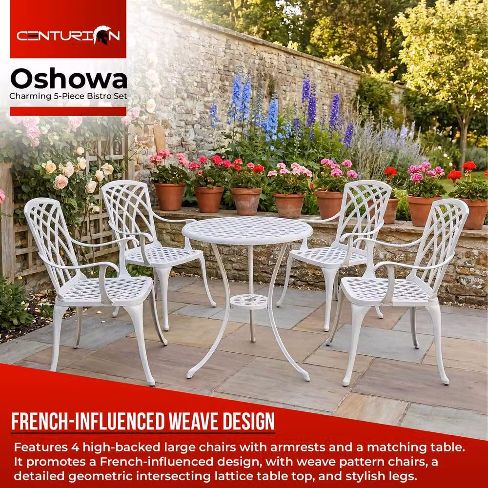 Centurion OSHOWA 5-Piece Cast Aluminium Bistro Set in White featuring a Round Table and 4 High-Backed Armchairs – 2