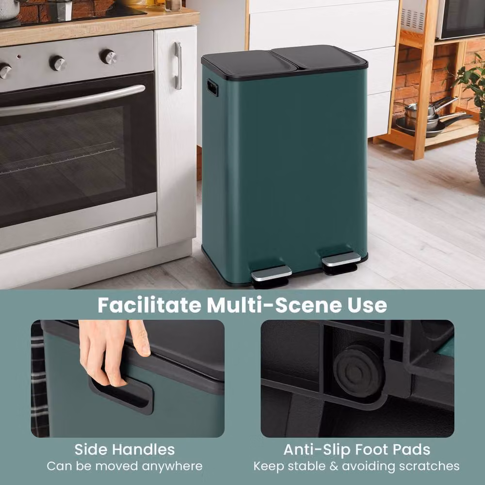 Costway 60L Dual Compartment Pedal Trash Bin with Soft Close and Fingerprint Proof Stainless Steel in Green – 9