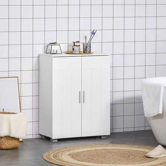 Kleankin Modern White Freestanding Bathroom Linen Floor Cabinet with Hinged Doors and Internal Shelves