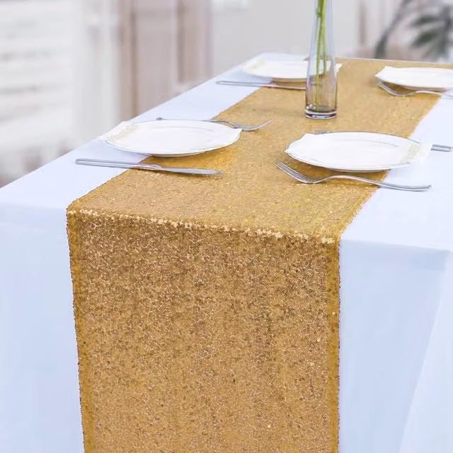 Trimming Shop Champagne Gold Glitter Sequin Fabric Mesh Satin Rectangular Table Runner