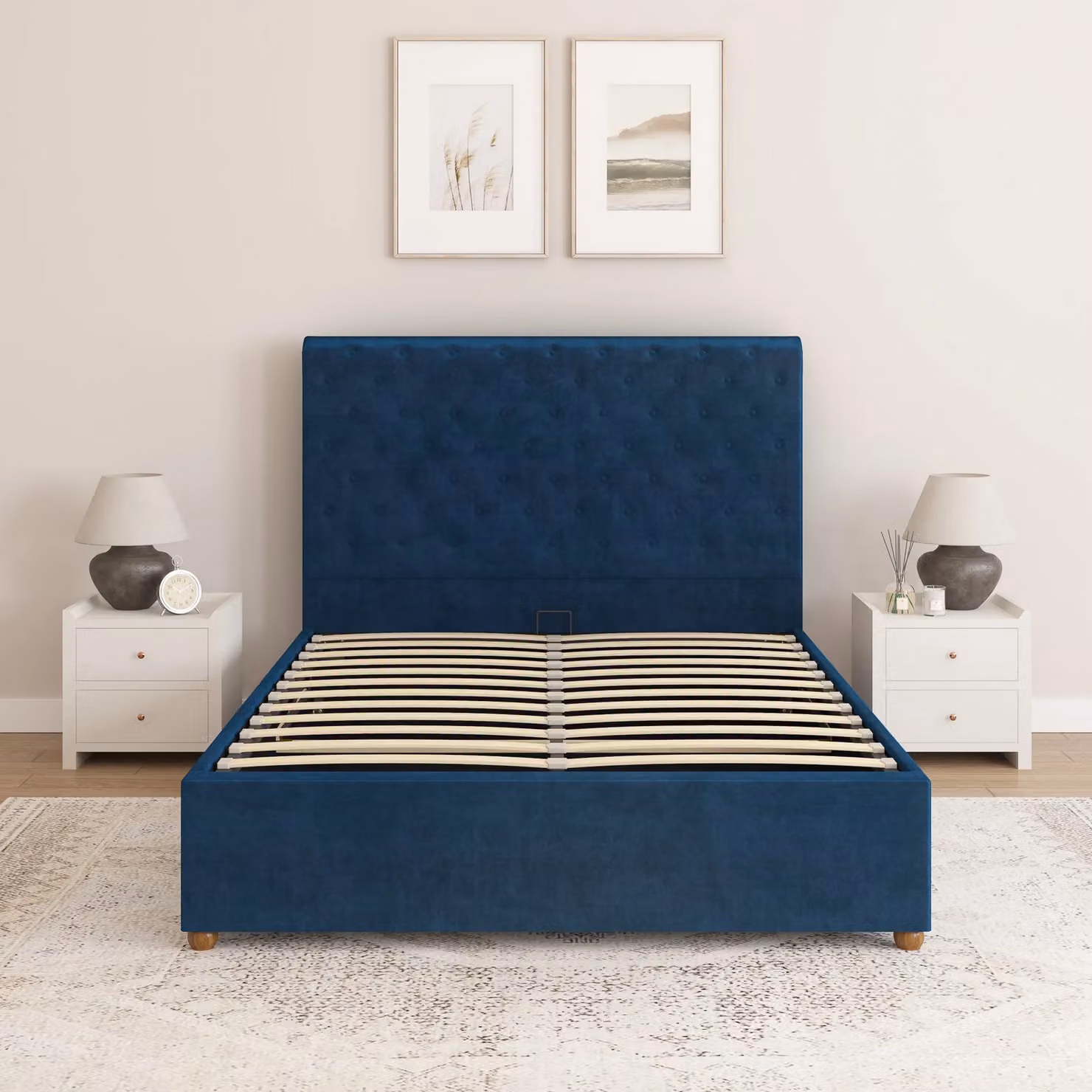 Aspire Taylor Ottoman Storage Bed Frame in Navy Blue Plush Velvet Fabric, Super King Size (200 x 200 cm) – 2