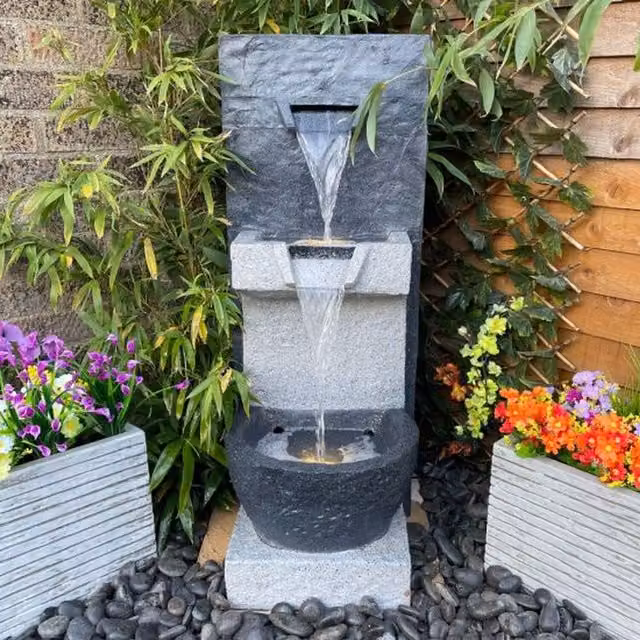Tranquility 2 Fall Cascade Contemporary Mains Operated Stone Water Feature in Grey