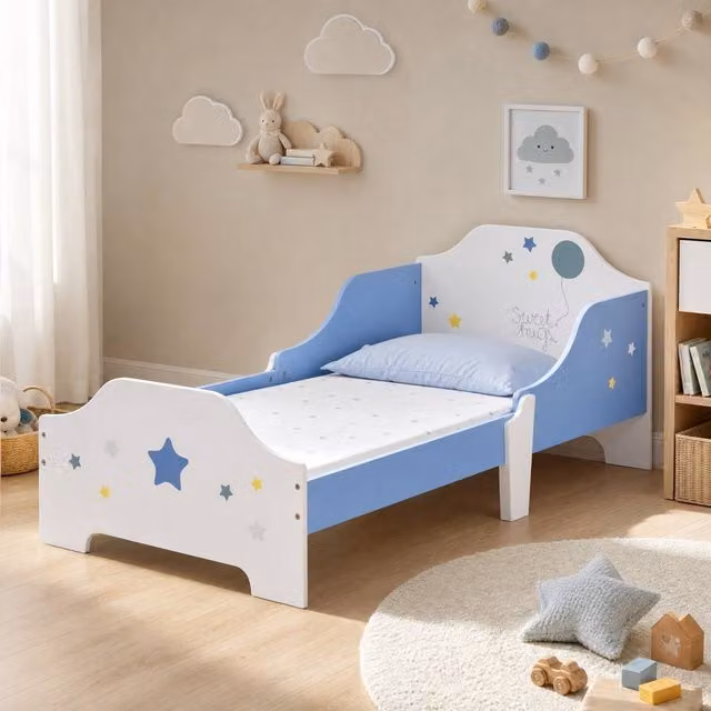 STILVORA Junior Bed Frame with Wooden Structure in Blue and White, 70 x 140 cm