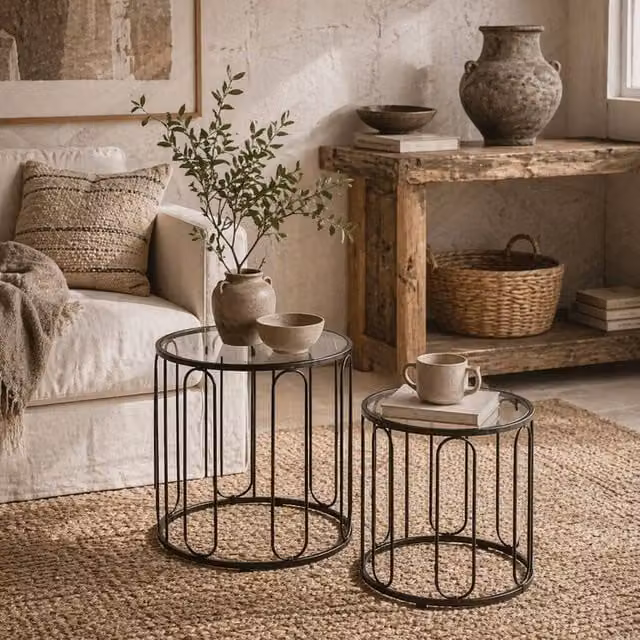 Wyld Haus Roro Set of 2 Black Oval Nesting Tables with Glass Tops and Metal Sled Base