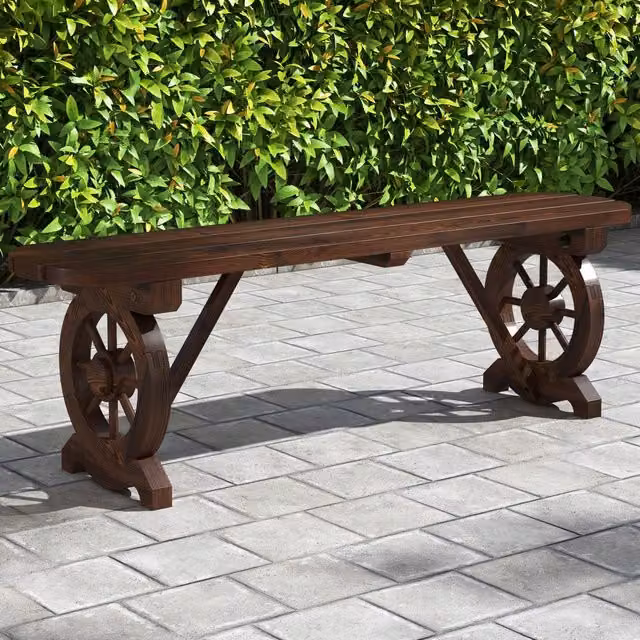 Costway 2-Seat Curved Garden Dining Bench in Brown Carbonised Wood with Wagon Wheel Base