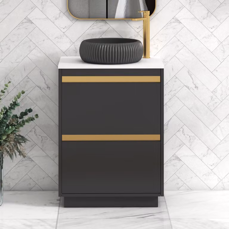 Royal Bathrooms Orion 600mm Matt Obsidian Black Floor Standing Vanity Unit with White Countertop, 2 Drawers, Milan Black Basin and Brushed Brass Accent Trim