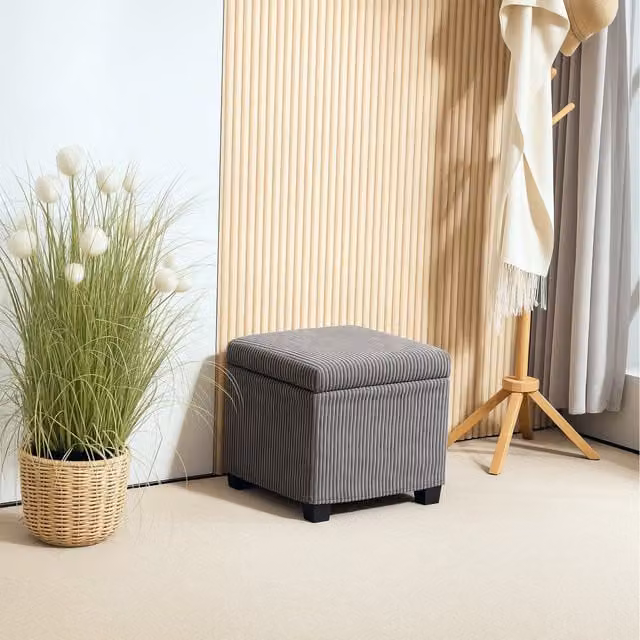 HOMCOM Grey Corduroy Storage Ottoman Bench with Removable Lid and Legs