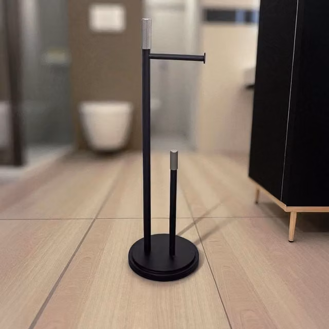 Showerdrape Chester Black and Silver Toilet Roll Holder and Spare Paper Holder Combination with Freestanding Base