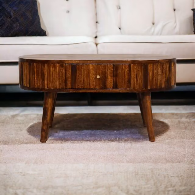Artisan Furniture Modern Round Mango Wood Striped Coffee Table in Brown