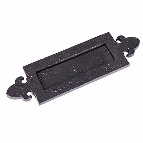 Hammer and Tongs Fleur De Lis Letter Plate in Matt Black Iron, W: 34.5 cm, H: 10.5 cm – 1