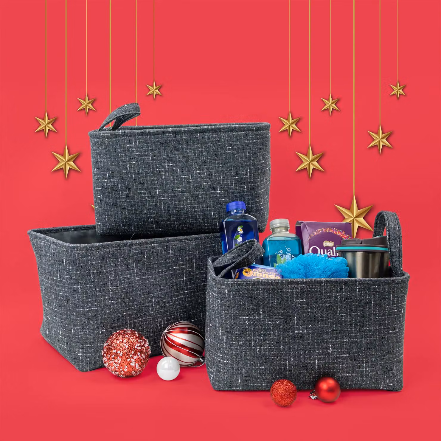 JVL Shadow Rectangular Fabric Storage Baskets with Handles, Set of 3, Grey – 4