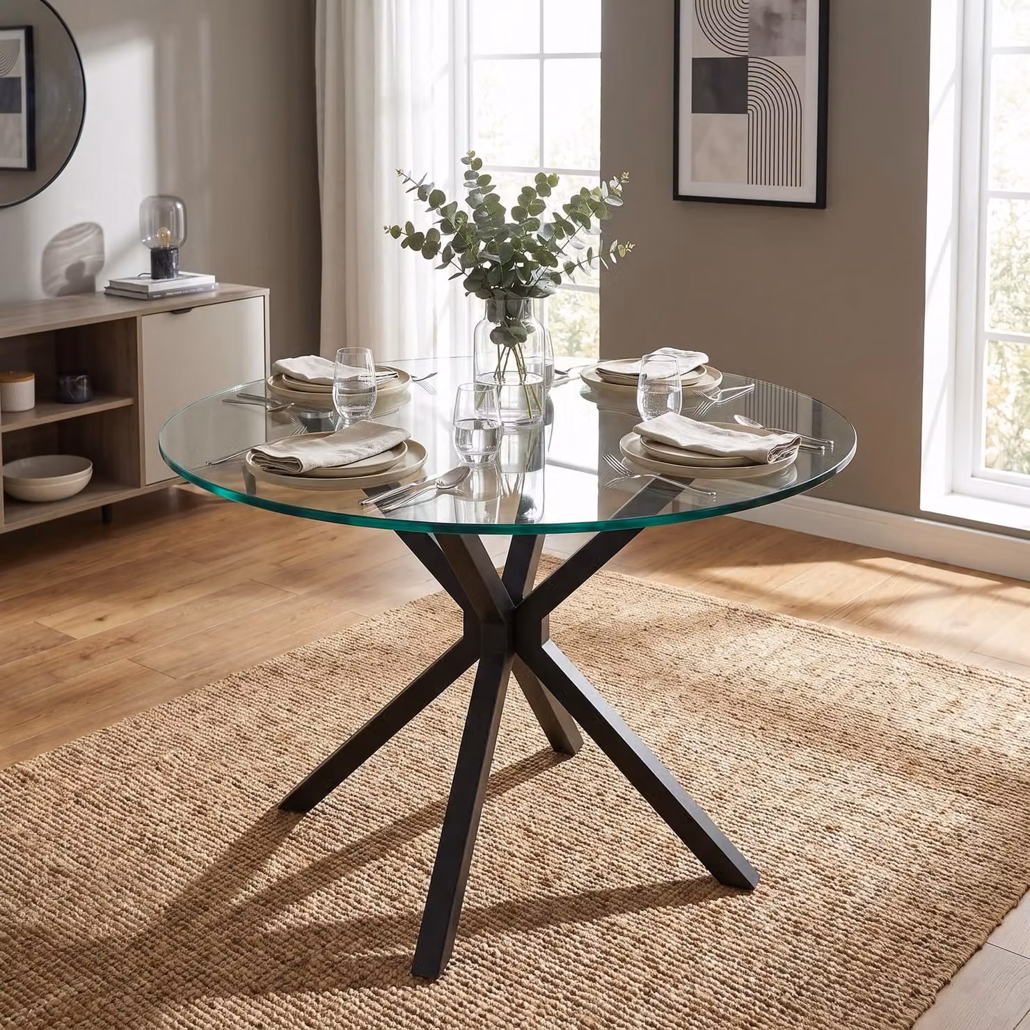 Skyra Round Glass Dining Table with Black Metal X-Frame, Diameter: 90 cm, Height: 74.5 cm