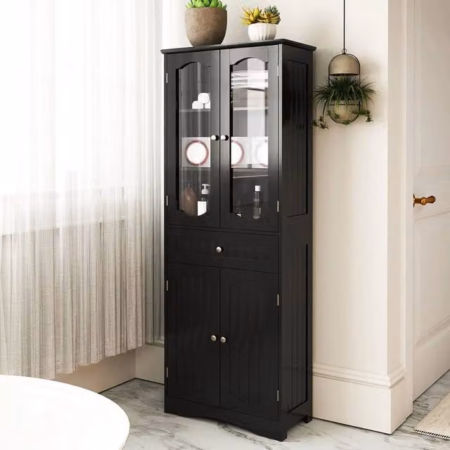 EONLION Modern Black Matt Freestanding Bathroom Storage Cabinet with Glass Doors, Height: 160 cm, Width: 60 cm