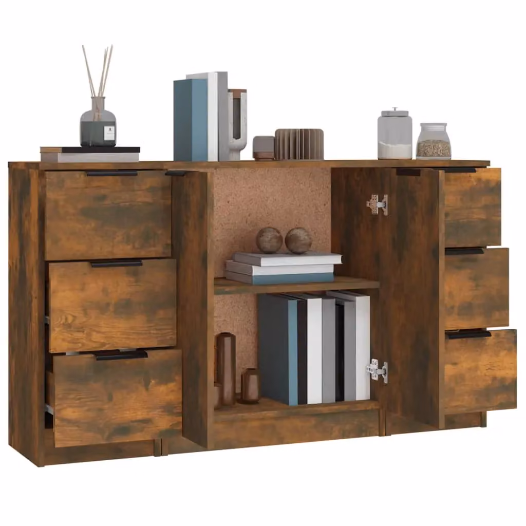Berkfield Home 3-Piece Smoked Oak Sideboard Set in Brown Engineered Wood – 3