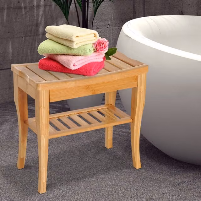 HOMCOM 2 Tier Slatted Bamboo Shower Bench in Brown, W/D/H: 45 x 45 x 45 cm