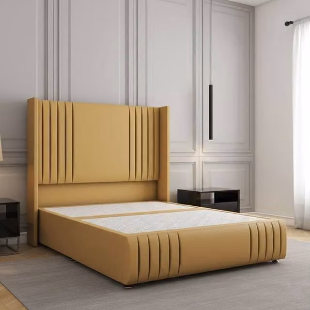 REGIONAL FURNISHINGS Double Divan Bed with Plush Velvet Headboard and Footboard in Yellow, W/D/H: 140 x 200 cm