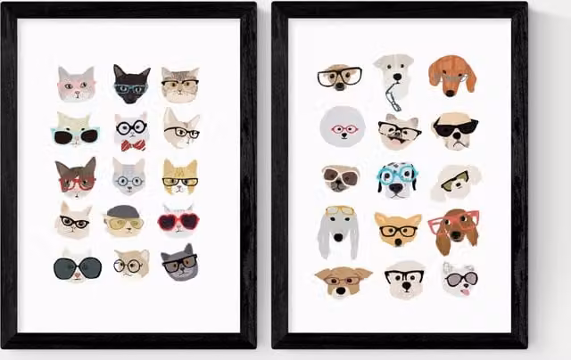 East End Prints Cats and Dogs in Glasses Twin Set Framed Multicolour Art in Black Frame