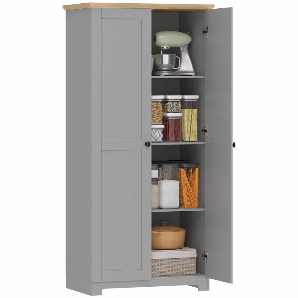 HOMCOM Modern Grey Freestanding Tall Kitchen Storage Cabinet with 2 Hinged Doors and Internal Shelves, H 172 x W 80 x D 47 cm – 2