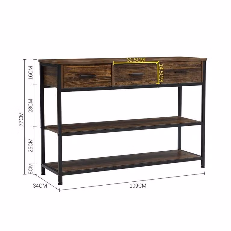 KORVIXA Retro Console Table with 3 Drawers in Brown