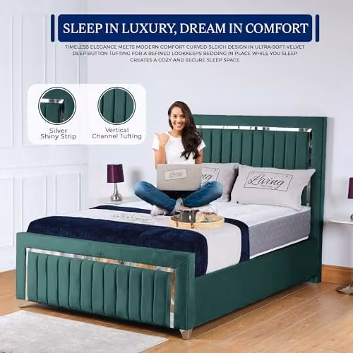 Living Comfort Bedz Zurich Plush Velvet Super King Gas Lift Storage Bed in Green with Silver Trim Detailing – 2