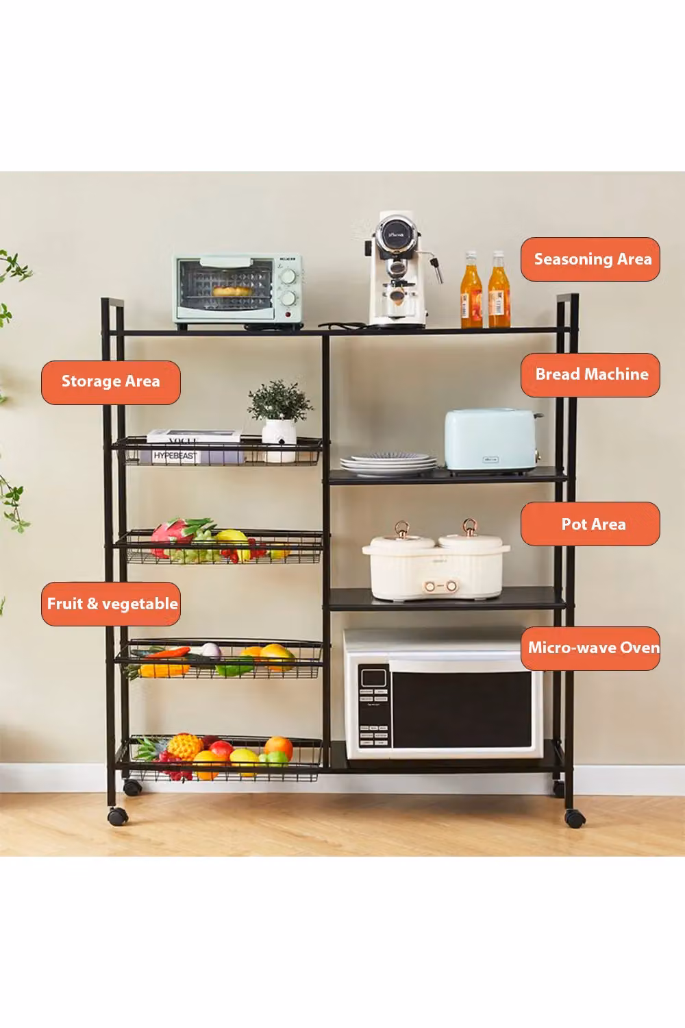 Living and Home Metal Rolling Kitchen Storage Cart in Black with 4 Mesh Baskets and 3 Shelves – 3