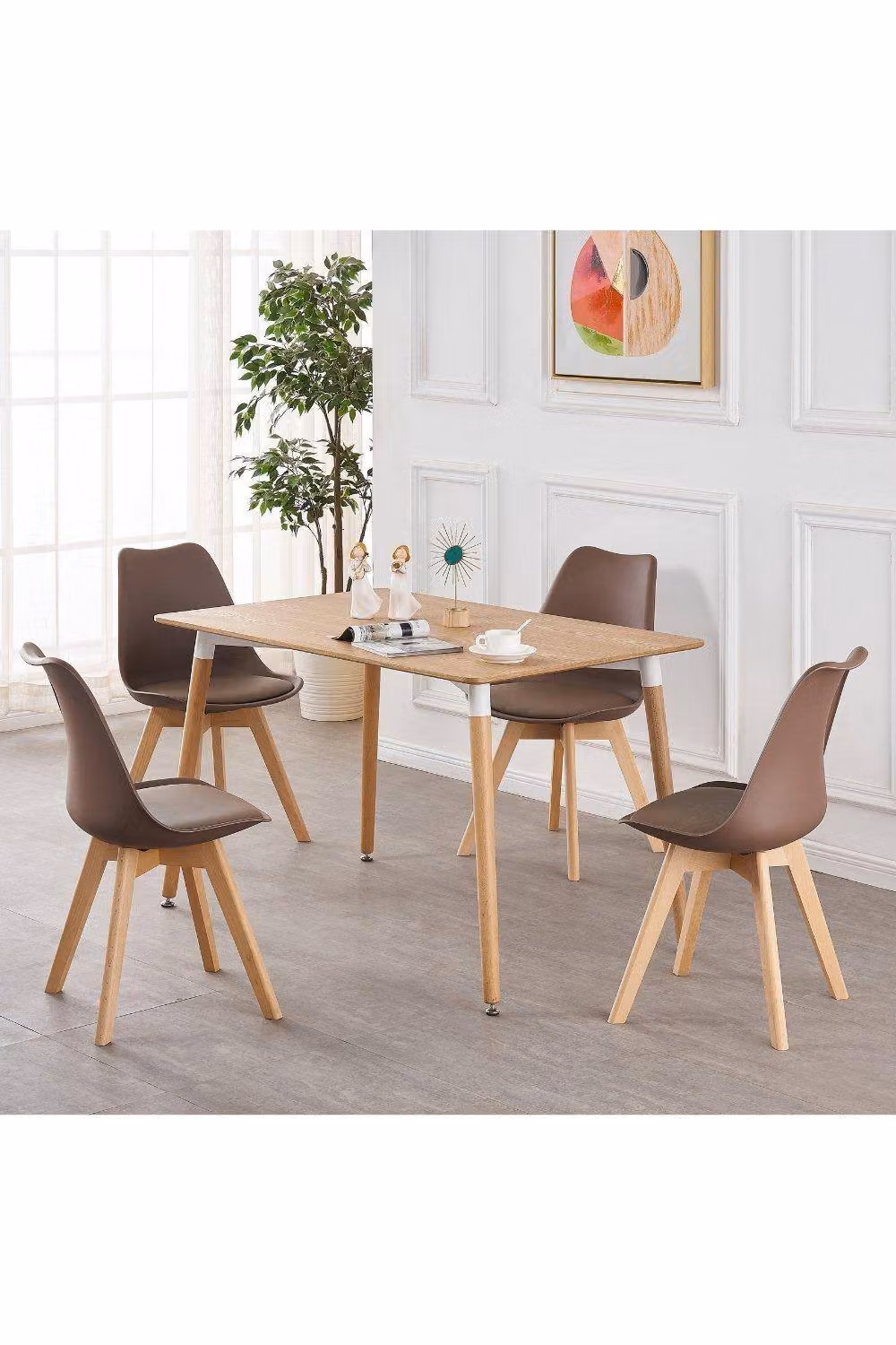 Life Interiors Scandinavian Dining Chair with Brown Leather Cushions and Solid Wood Legs – 3