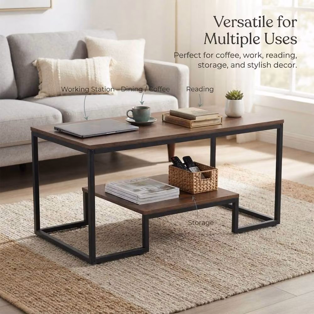 Alivio Modern Rectangular Coffee Table with Wood and Metal Frame in Brown – 3