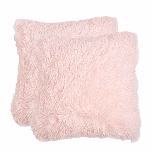 Sienna Pack of 2 Fluffy Shaggy Square Cushion Covers in Pink, W/D/H: 45 x 45 x 45 cm