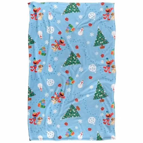 Sesame Street Holiday Footprints In The Snow Pattern Super Soft Silky Feel Blue Multicolour Fleece Blanket