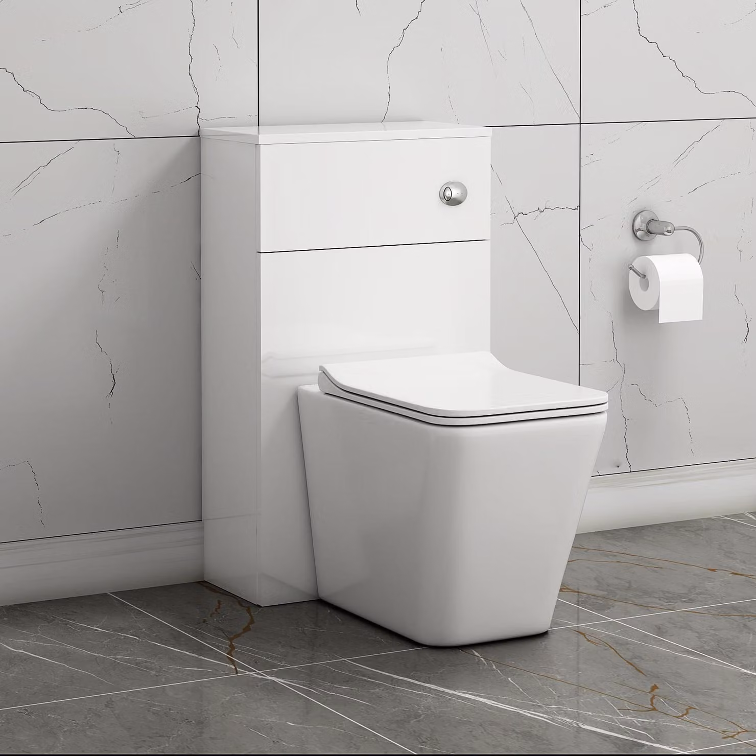 Royal Bathrooms Gloss White 500mm Wall Mounted WC Toilet Unit with Elena Rimless Ceramic BTW Pan, Soft Close Seat and Cistern