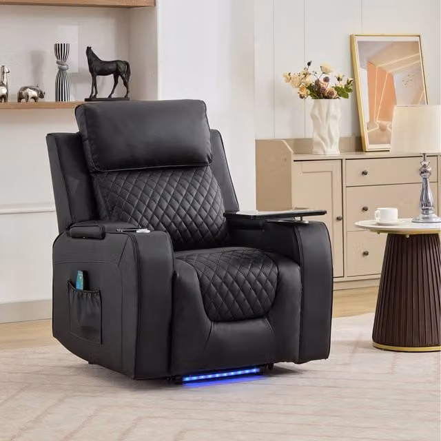 Artemis Home Byron Electric Riser Recliner Chair with Massage, Heat, Drink Cooler and Table in Black Synthetic Leather