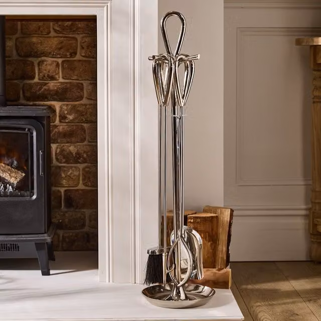 Dibor Contemporary 4-Piece Fireside Companion Set in Metallic Silver, Height: 90 cm