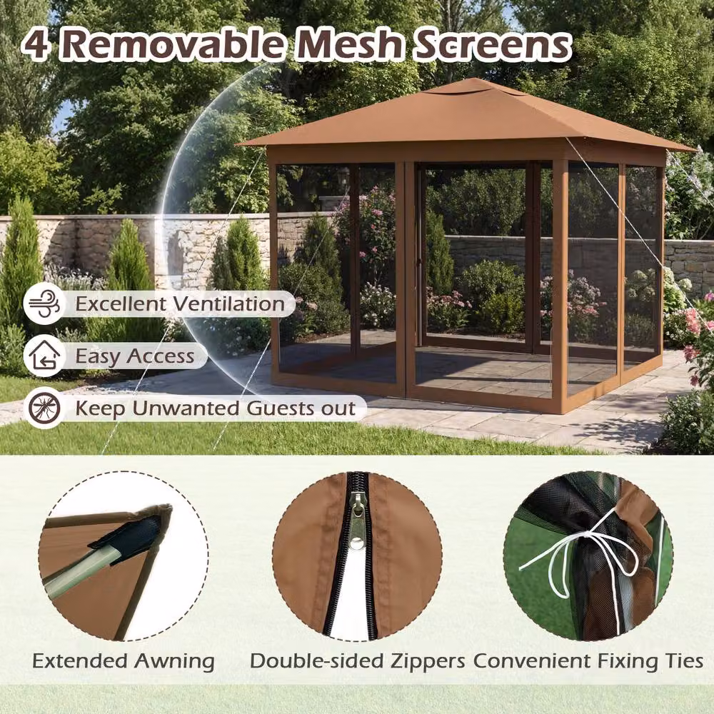 Gymax Instant Pop Up Gazebo with 350cm Mesh Screen and 4 Doors in Brown and Silver, W: 350 cm, D: 350 cm, H: 250 cm – 6