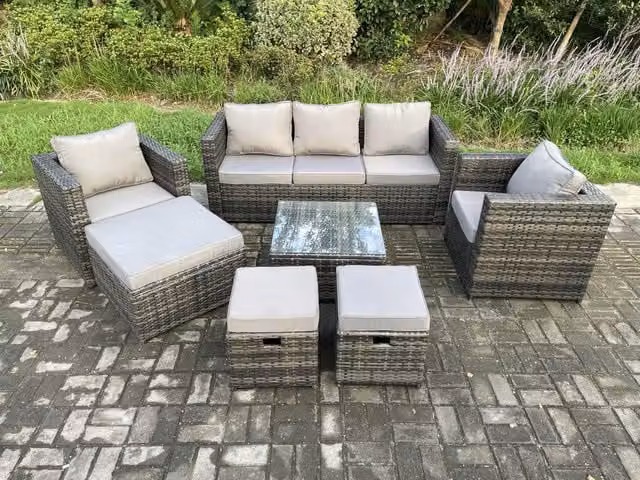 Fimous Rattan Garden Furniture Set in Dark Grey with 3-Seater Sofa, Armchair, Square Coffee Table and 3 Footstools