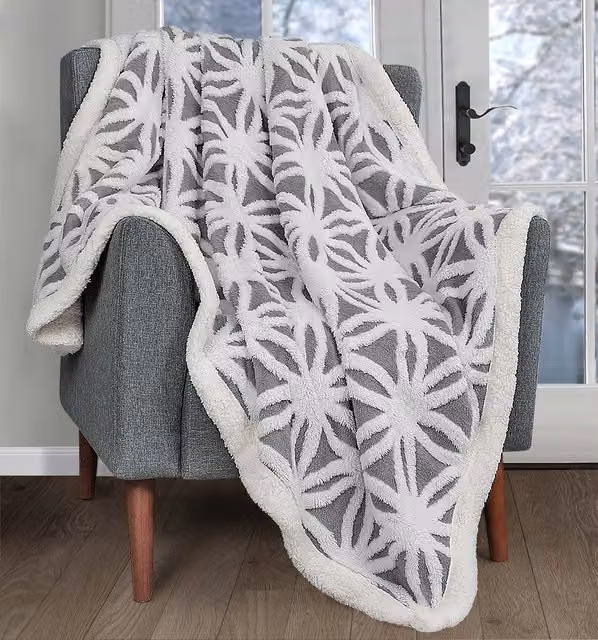Velosso Sherpa Backed Thermal Soft Jacquard Throw Blanket in Grey, W: 125 cm, D: 150 cm