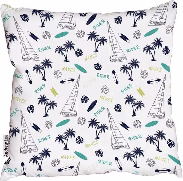 Benjamin Tate Design LTD Nautical Graphic Square Cushion with Sailboat, Palm Tree and Surfboard Design, Blue, W/D/H: 60 x 60 x 1 cm