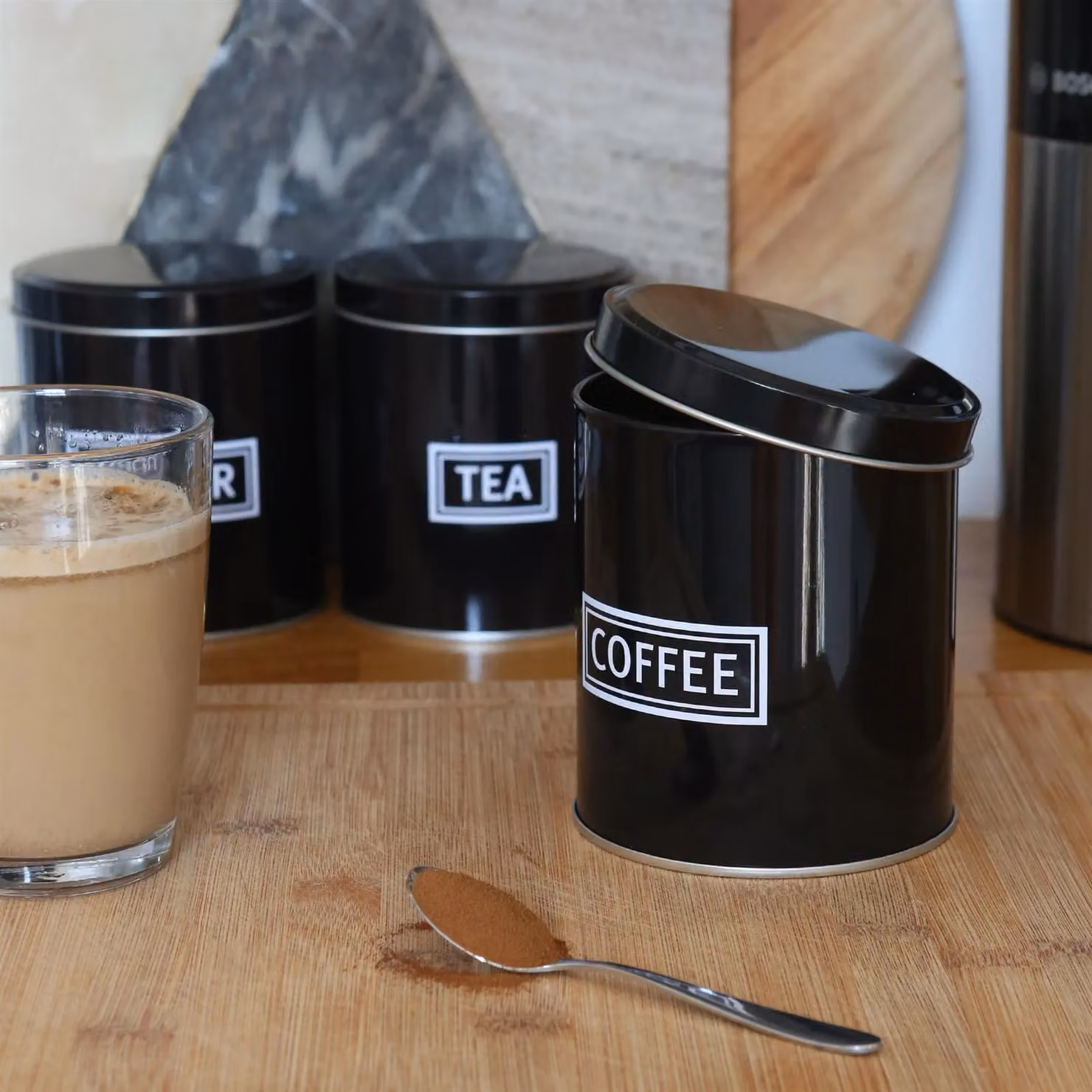 Harbour Housewares 3pc Airtight Metal Tea Coffee Sugar Canister Set in Black – 4