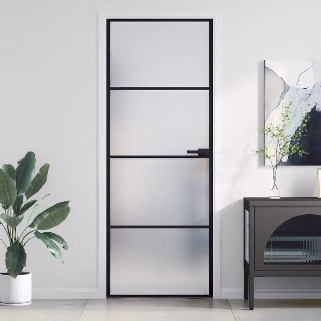 Berkfield Modern Slim Interior Door in Black with Tempered Glass and Aluminium, W: 76 cm, H: 201.5 cm – 1