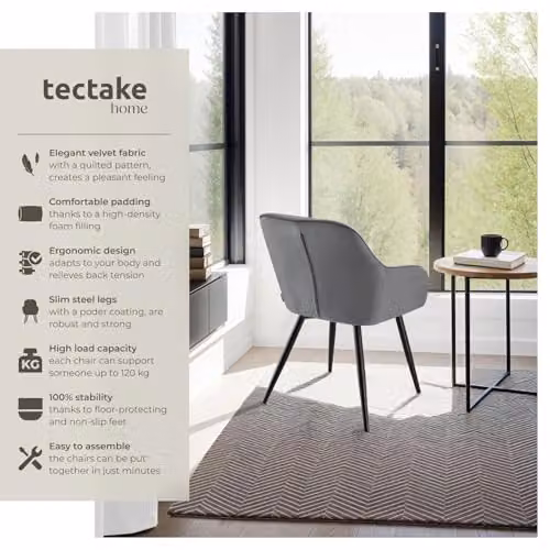 tectake Dining Chair with Quilted Velvet-Look Cover and Armrests in Grey/Black – 4