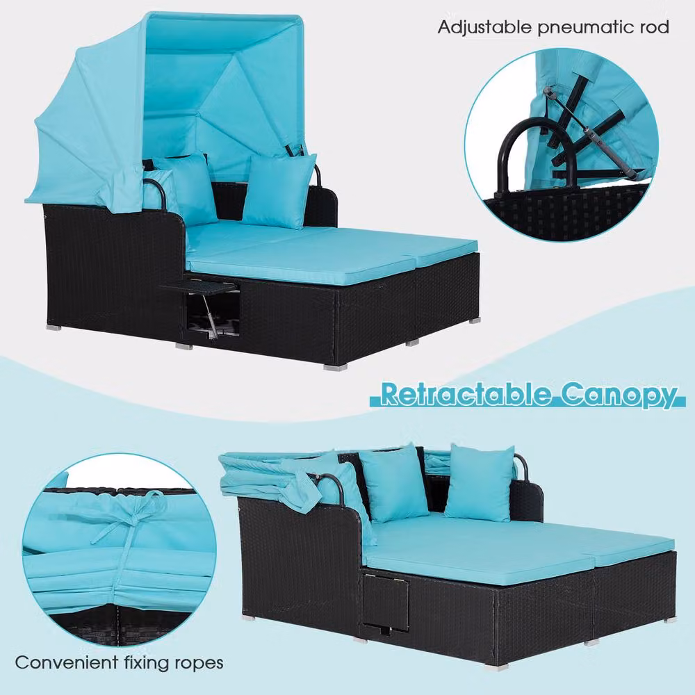 Gymax Turquoise Hand-Woven PE Wicker Patio Loveseat Sun Lounger Day Bed with Canopy and Side Tray – 3