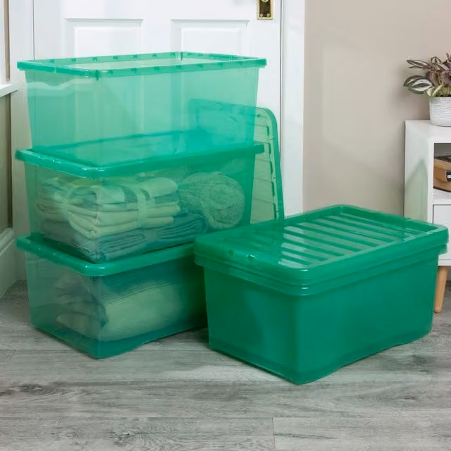 Wham Crystal 5 x 45l Plastic Storage Boxes with Lids, Green and Transparent