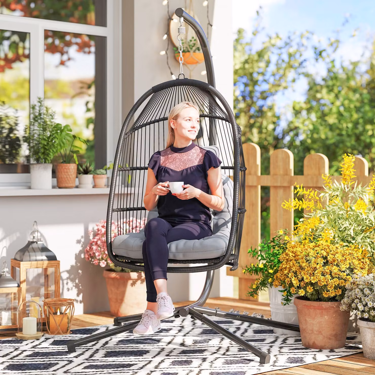 Outsunny Rattan Hanging Egg Chair with Stand and Cushion in Dark Grey – 2