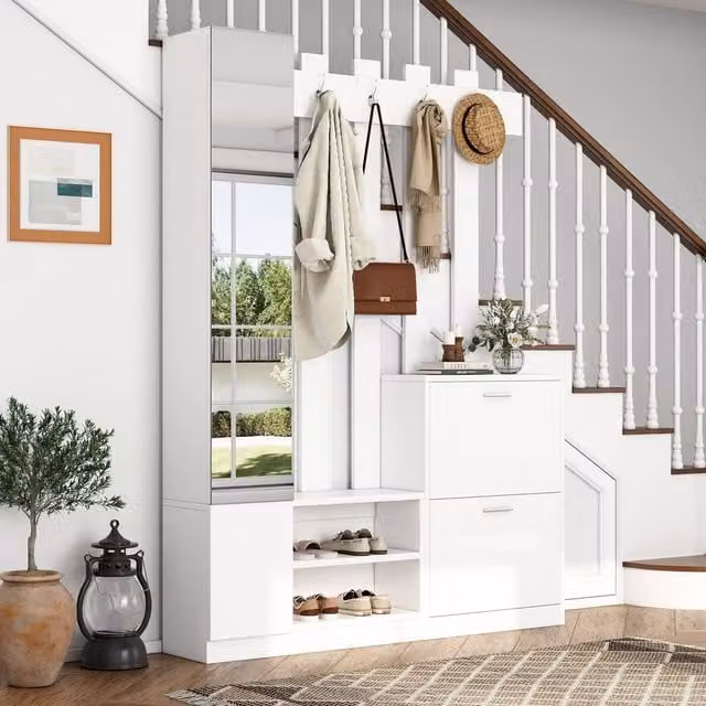 Merax 5-in-1 Minimalist Hall Tree with Full-Length Mirror and Shoe Bench in White