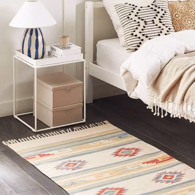 Wyld and Coco Klim Handwoven Cotton Kilim Rug in Beige and Multicolour, Reversible with Fringes, W: 80 cm, L: 150 cm – 1