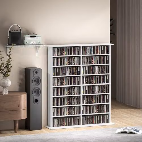 HOMCOM White Media Storage Unit with 12 Adjustable Shelves and Back Panel – 6