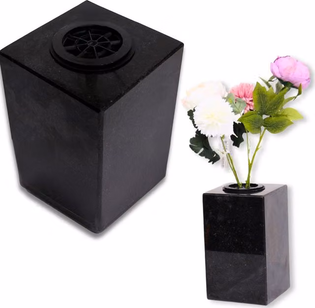NOVECRAFTO Black Granite Memorial Vase, Square Stone Tabletop Flower Vase for Cemetery or Garden, W/D/H: 15.0 x 15.0 x 15.0 cm