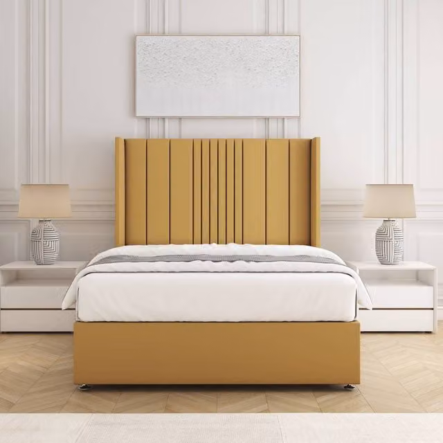 BSSPOKE Charlotte Single Divan Bed Set with 54 inch Headboard and Mattress in Mustard Plush Velvet