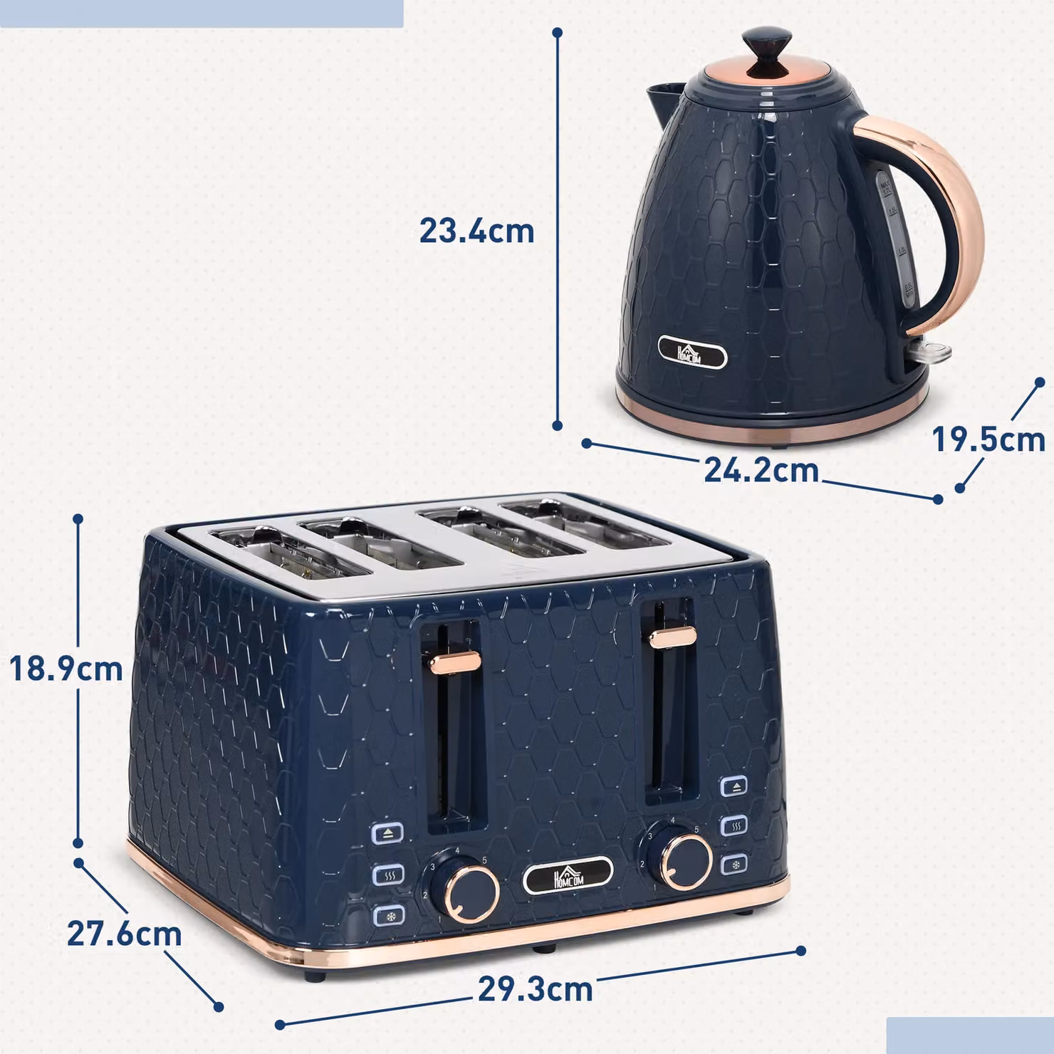 HOMCOM Blue Kettle and Toaster Set with 1.7L Capacity and Defrost Reheat Functions – 2