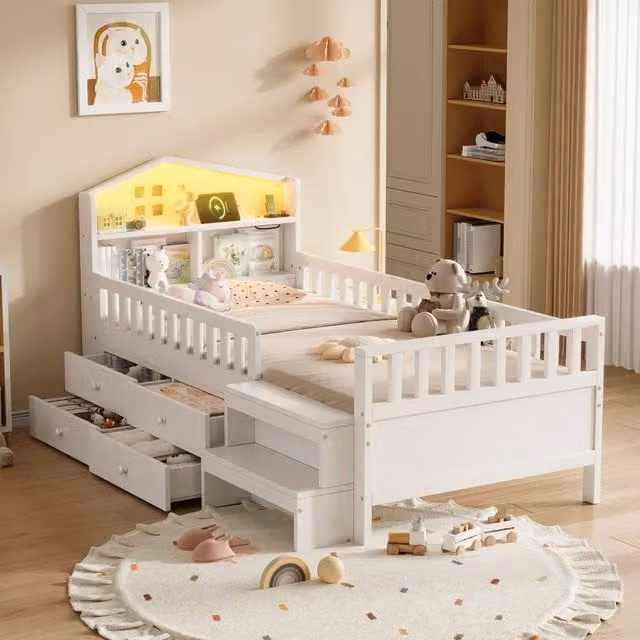 Merax Single Wooden Mid Sleeper Bed in White with Steps, Drawers, LED and USB Ports, W/D/H: 90 x 190 x 101 cm